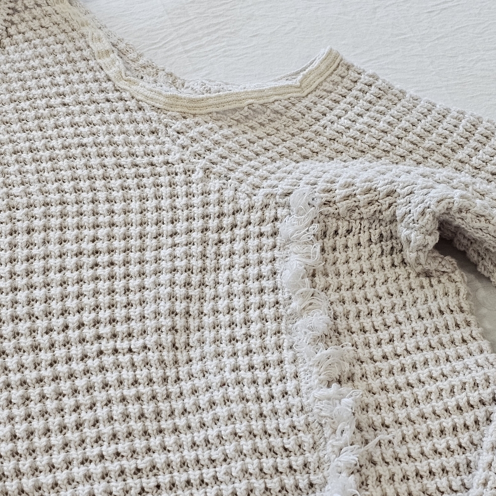 Free People Open Shoulder Waffle Knit Cream Sweater Size Large - Picture 11 of 13